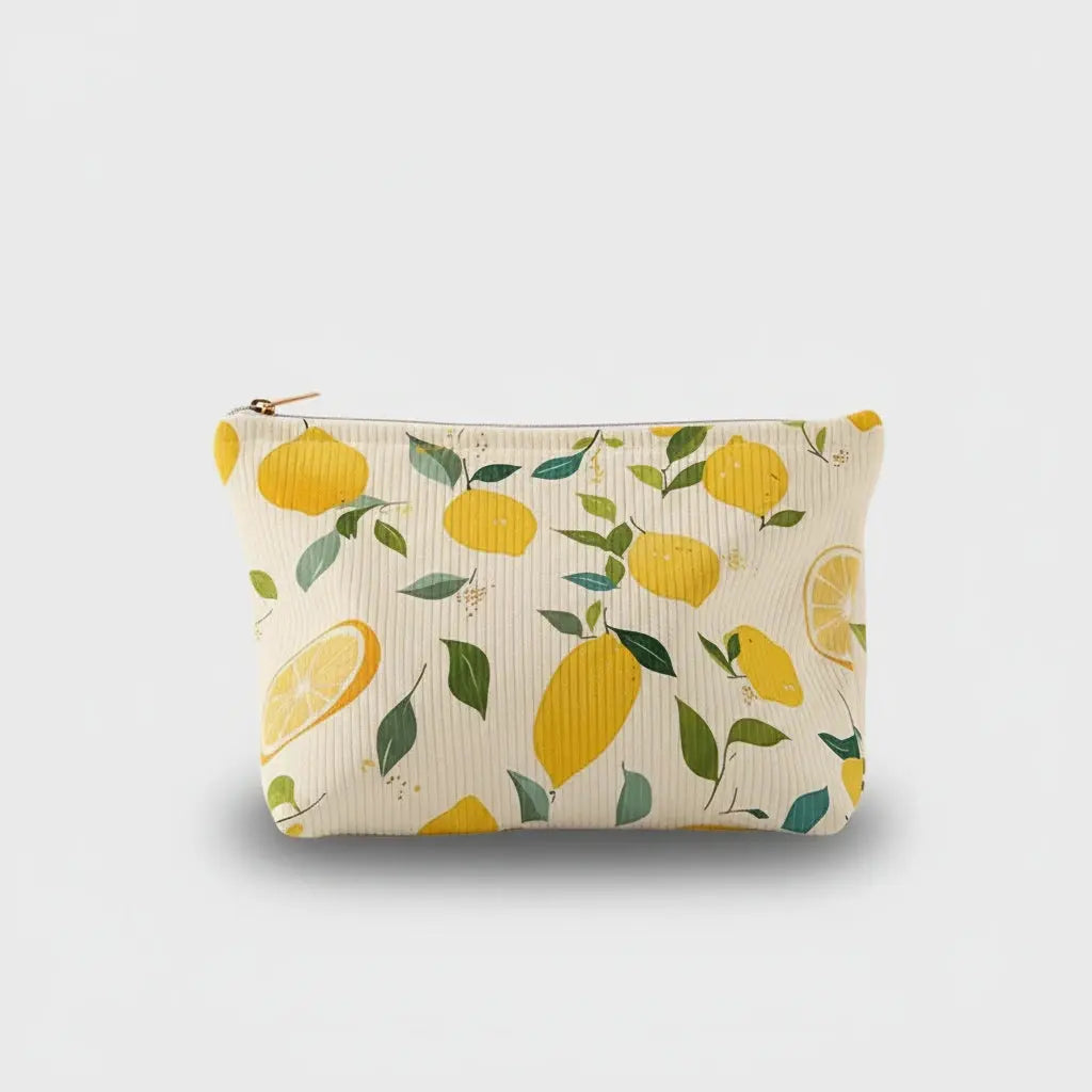 Trousse de toilette velours côtelé motif floral jaune
