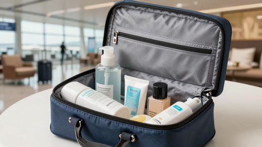 Une trousse de toilette de voyage ouverte, montrant divers produits de toilettage organisés à l'intérieur, avec un arrière-plan flou représentant une destination de voyage comme un salon d'aéroport ou une chambre d'hôtel.