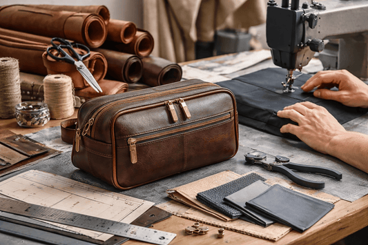 Trousse de toilette en cuir en cours de fabrication sur un établi, entourée de matériaux, outils et machine à coudre, illustrant les étapes d’assemblage et de conception d’une trousse de toilette.