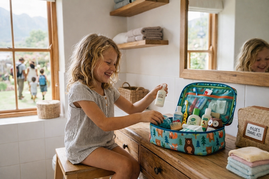 Une jeune fille souriante, aux cheveux bouclés, assise devant une coiffeuse en bois dans une salle de bain lumineuse. Elle tient une bouteille et l'insère dans une trousse de toilette ouverte et colorée, ornée de motifs d'ours et de renards.