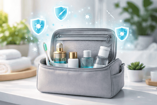 Trousse de toilette moderne propre et organisée avec produits d’hygiène dans une salle de bain lumineuse, symbolisant protection antibactérienne et hygiène