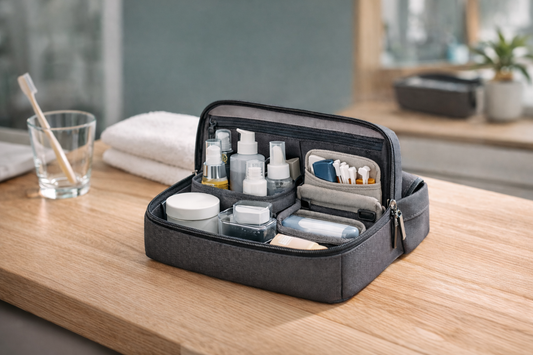 Trousse de toilette moderne ouverte posée sur un plan en bois, avec des produits d’hygiène soigneusement organisés dans différents compartiments, dans une salle de bain élégante.