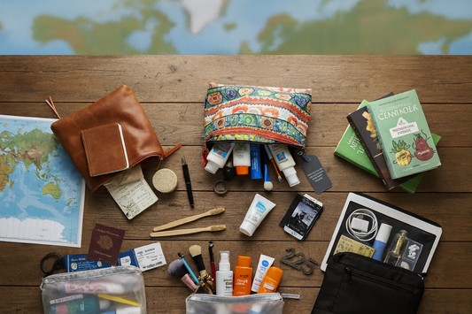 Trousse de toilette ouverte sur une table avec accessoires de voyage