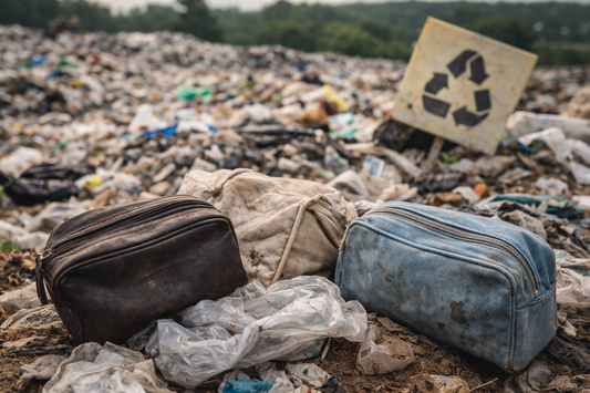 Trois trousses de toilette usagées déposées dans un centre de tri, illustrant la fin de vie et le recyclage des accessoires de voyage