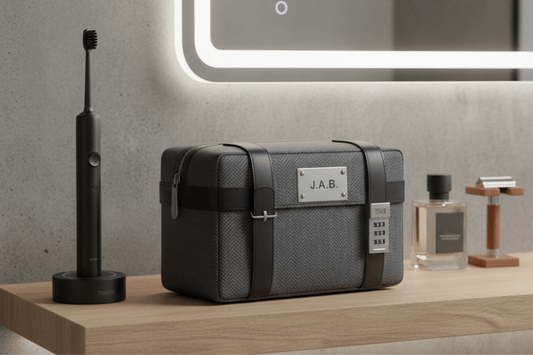 Trousse de toilette grise futuriste avec un cadenas digital