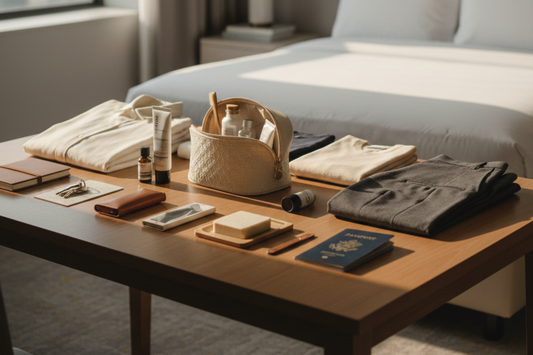 Habits produits et documents de voyage posés sur une table avec une trousse de toilette beige au milieu