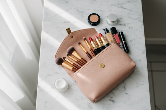 Trousse de maquillage ouverte avec pinceaux, rouges à lèvres et produits de beauté organisés sur une surface en marbre blanc, style éditorial haut de gamme