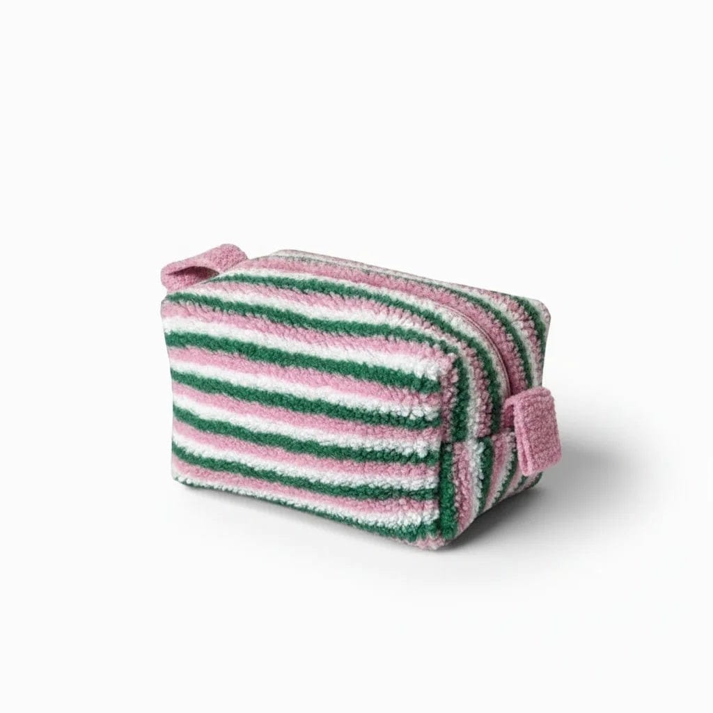 La Pelra | Pochette Maquillage Peluche Rayée Rose et Vert