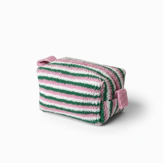 La Pelra | Pochette Maquillage Peluche Rayée Rose et Vert