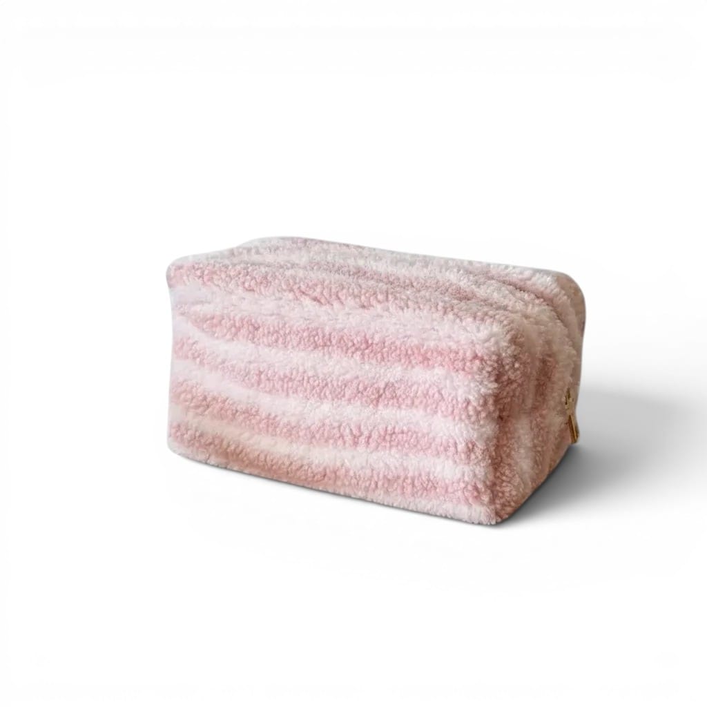 La Pelra | Pochette Maquillage Peluche Rayée Rose et Vert