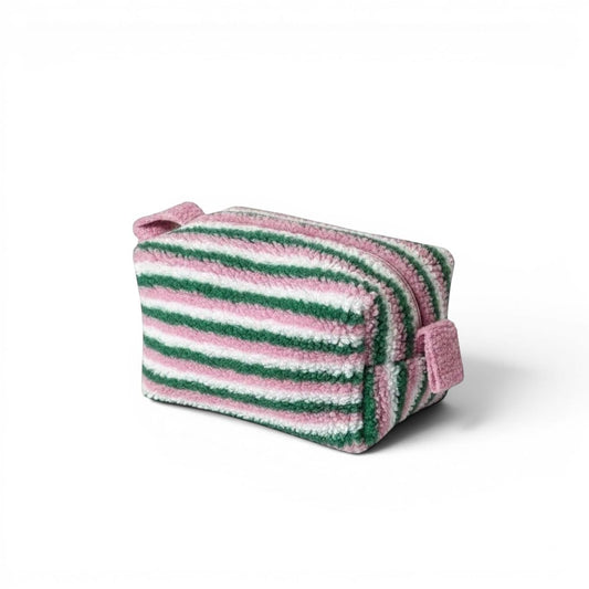 La Pelra | Pochette Maquillage Peluche Rayée Rose et Vert