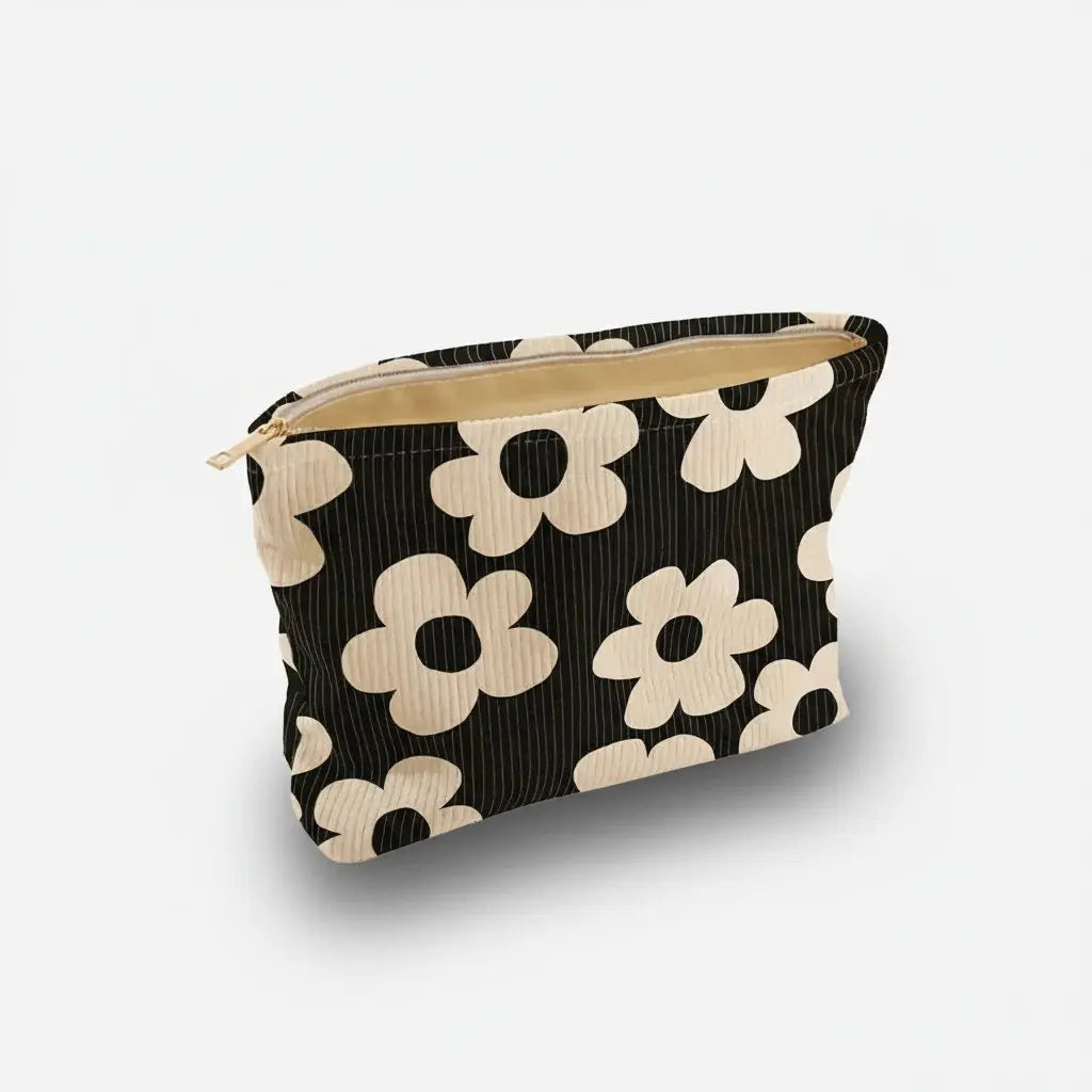 Trousse de toilette en velour cotelé à fleurs blanches