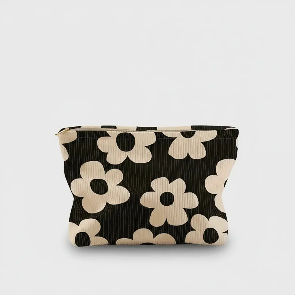 Trousse de toilette en velour cotelé à fleurs blanches