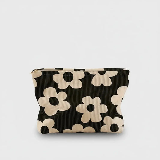 Trousse de toilette en velour cotelé à fleurs blanches