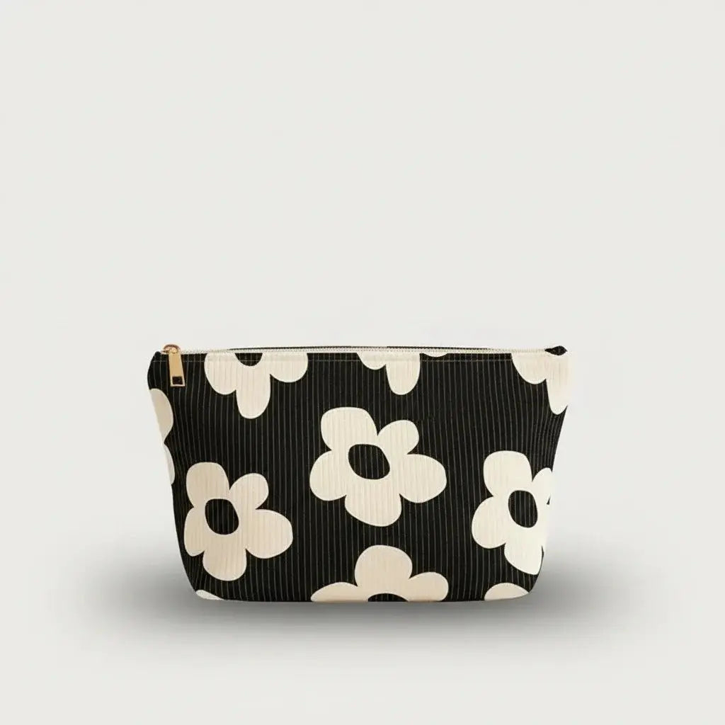 Trousse de toilette en velour cotelé à fleurs blanches