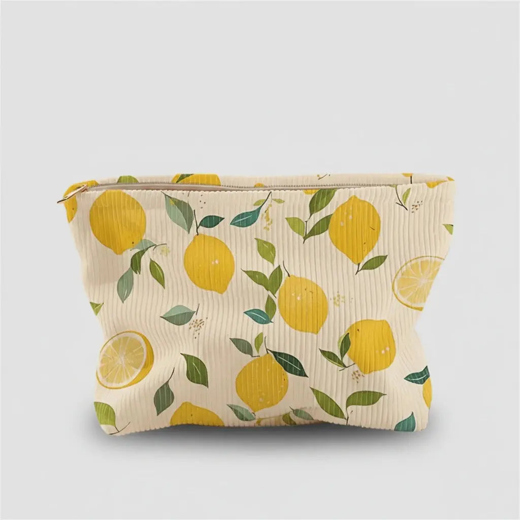 Trousse de toilette velours côtelé motif floral jaune